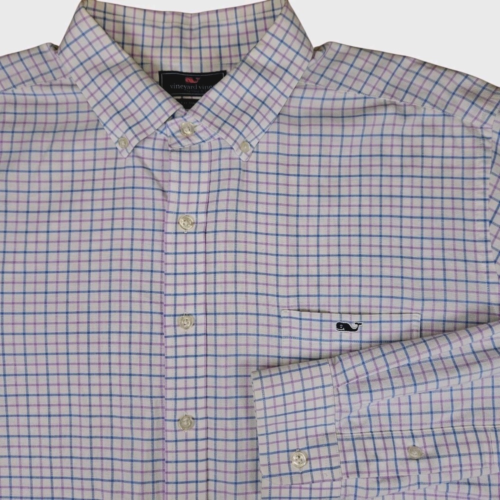 Vineyard Vines Tucker Shirt XXL Slim Fit Purple Blue Check Button Down Stretch
